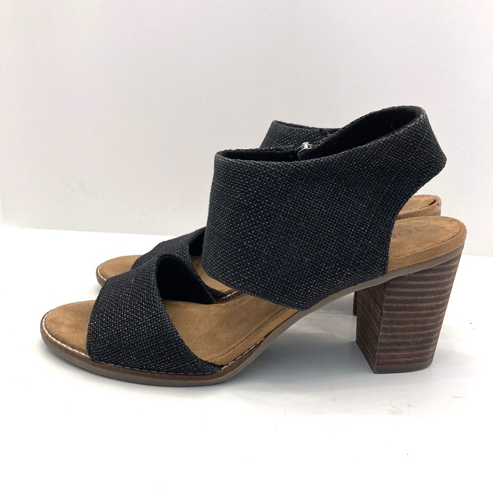 TOMS Majorca Black Denim Cutout Block Heel Sandals Side Zip Womens 9.5